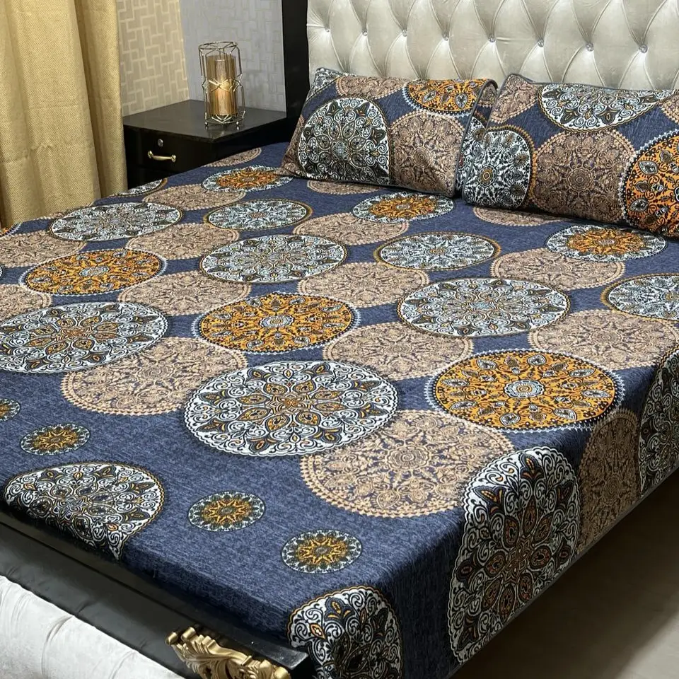 3 Pcs Crystal Cotton Printed Double Bedsheet