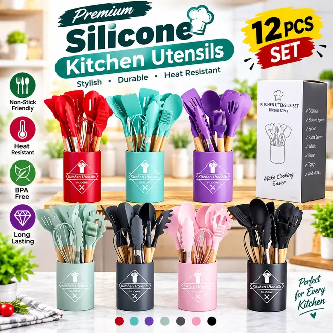 Premium 12 Pcs Silicone Kitchen Utensils Set with Wooden Handles price in Pakistan